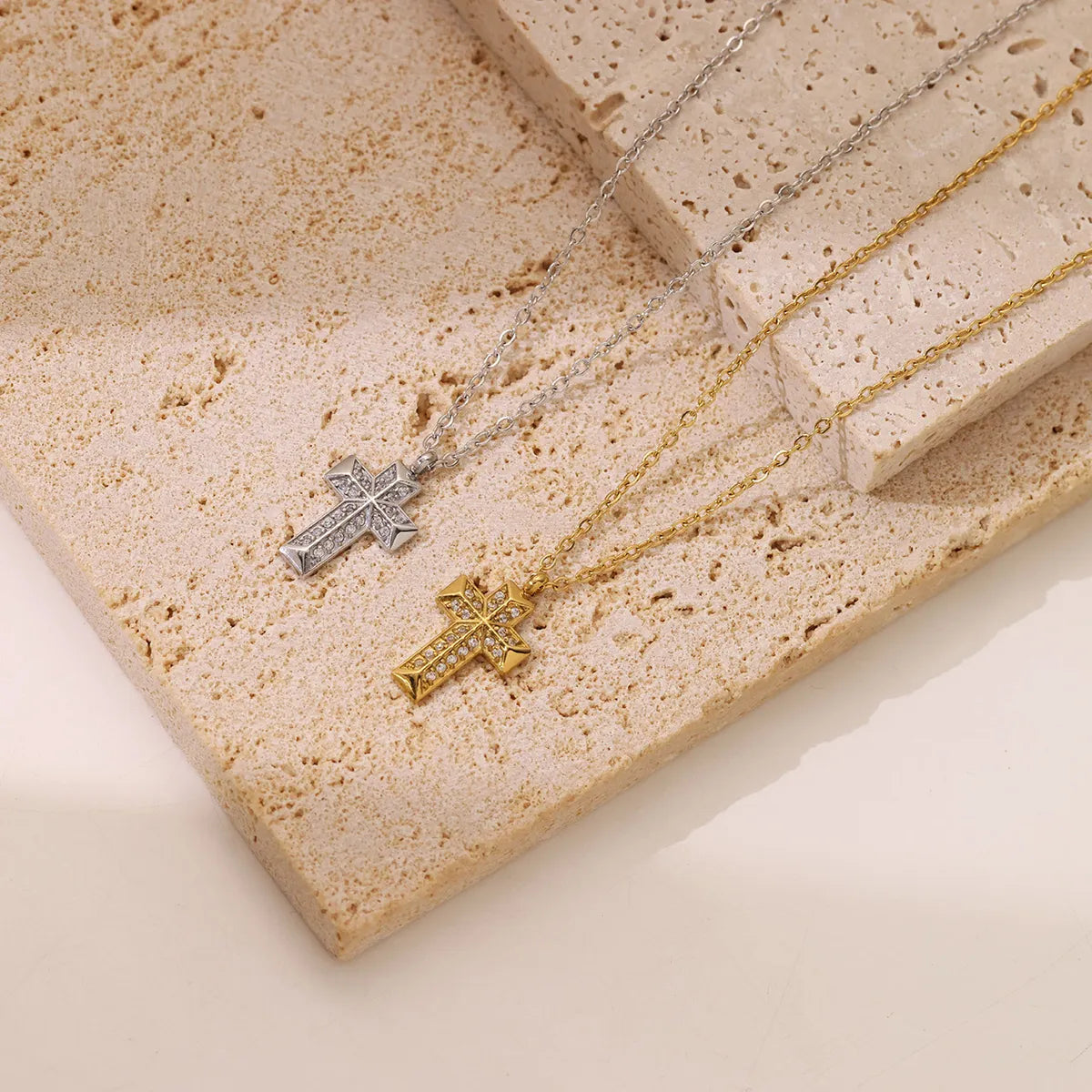 Necklaces Scale Options-Casual Punk Simple Style Cross Stainless Steel Plating Inlay Carving Zircon White Gold Plated Gold Plated Pendant Necklace