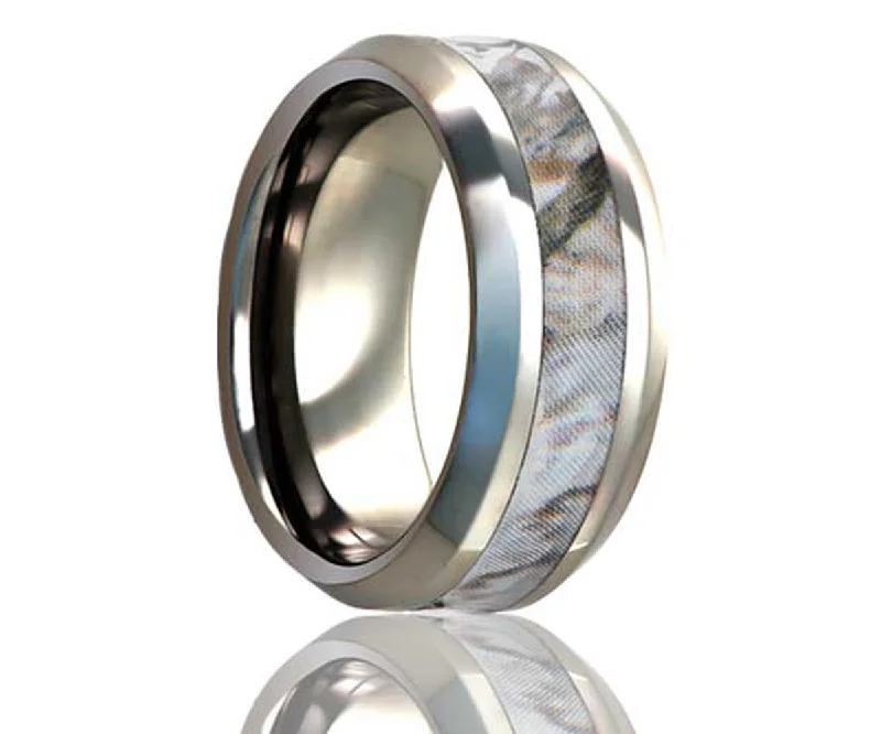 Best Shimmer Rings-Beveled Edge Snow Shadow Camo Titanium Ring