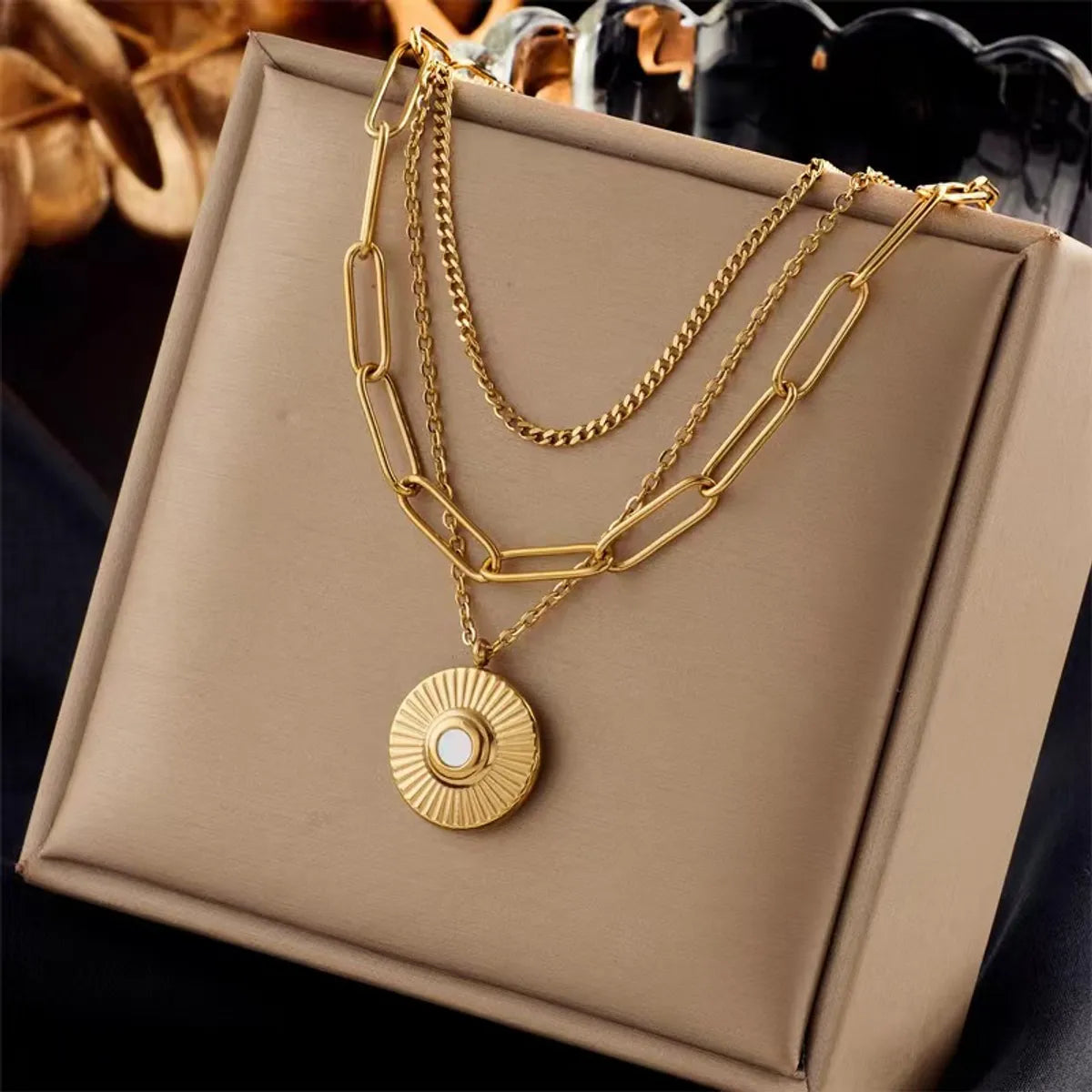 Necklaces With Brass Glow-Retro Round Titanium Steel Plating Gold Plated Layered Necklaces