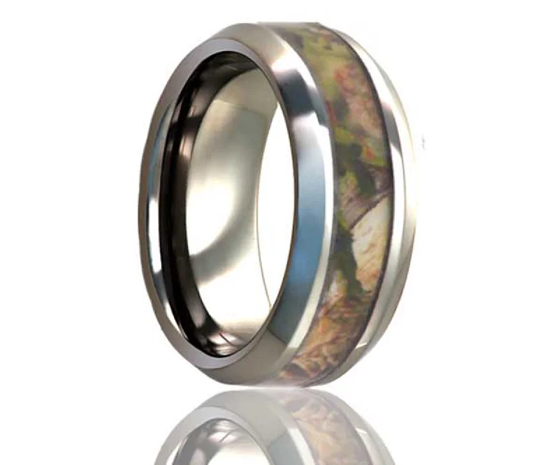 Best Rugged Rings-Beveled Edge Woodland Pine Camo Titanium Ring