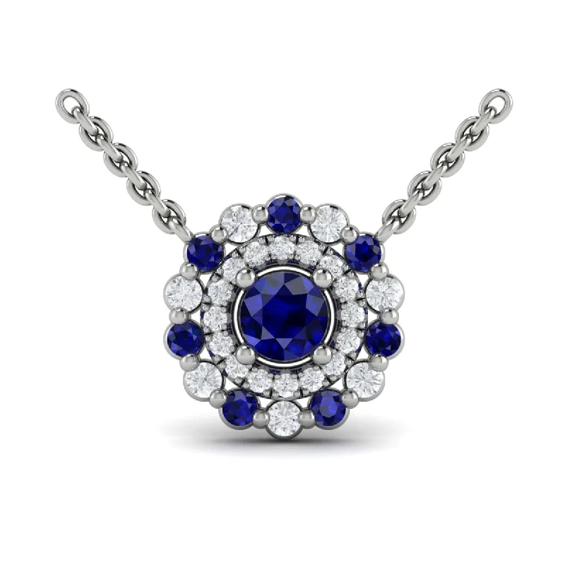 Necklaces For Surprise Gifts-Diamond and Blue Sapphire Floral Cluster Pendant Necklace