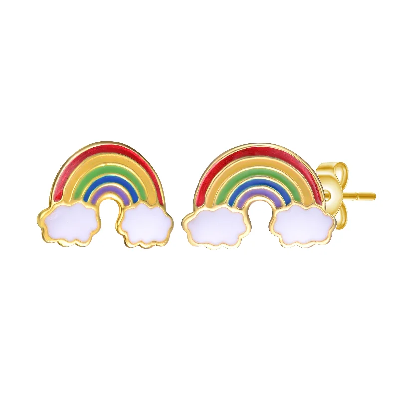 Super Rich Earrings-14k Gold Plated Colorful Rainbow Enamel & White Cloud Stud Earrings