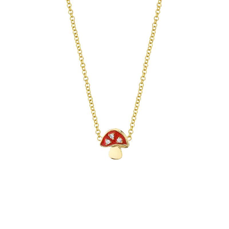 Necklaces For Mild Looks-Enamel Charm Necklace - White Diamond and Mushroom / 14k Yellow Gold