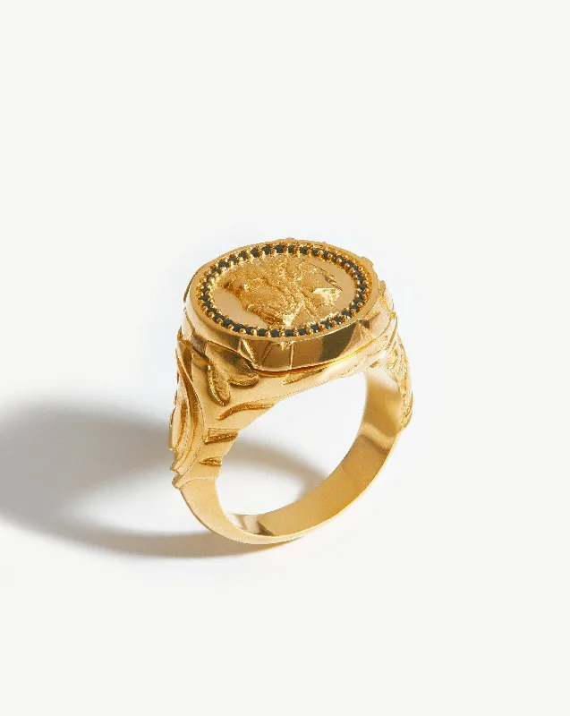 Rings Slip Rules-Harris Reed Janus Locket Signet Ring | 18ct Gold Plated/Black Cubic Zirconia