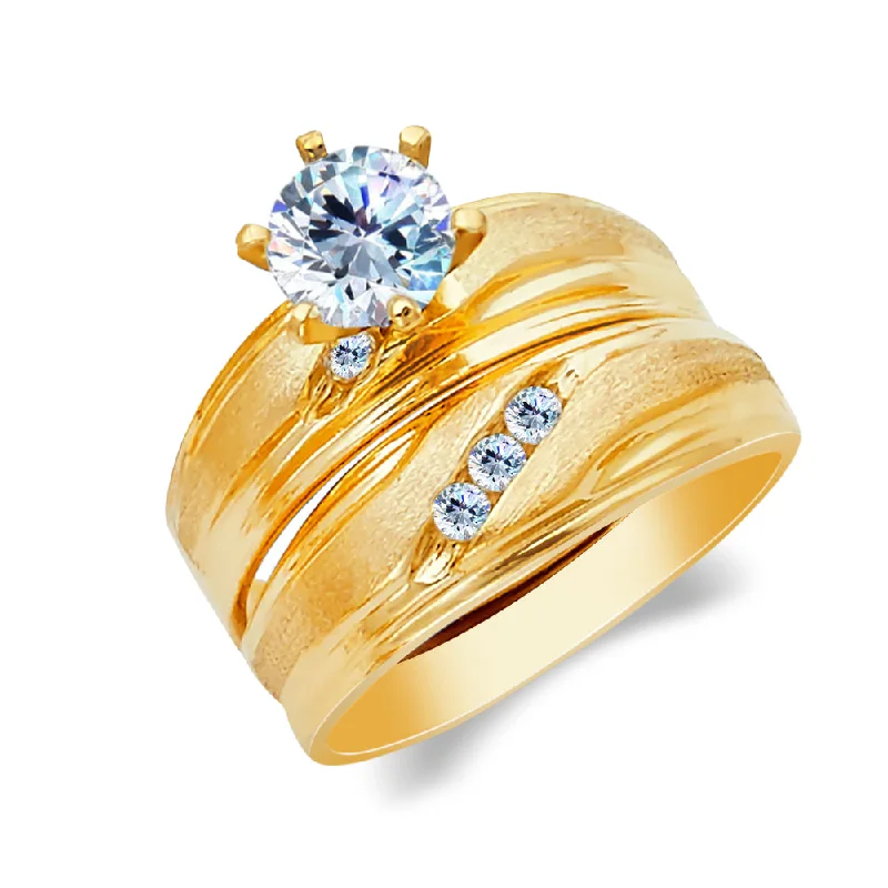 Rings For Spicy Hues-14K Yellow Solid Gold 1 Ct. Round Cut Solitaire CZ Wedding Engagement Ring 2 Piece Bridal Set