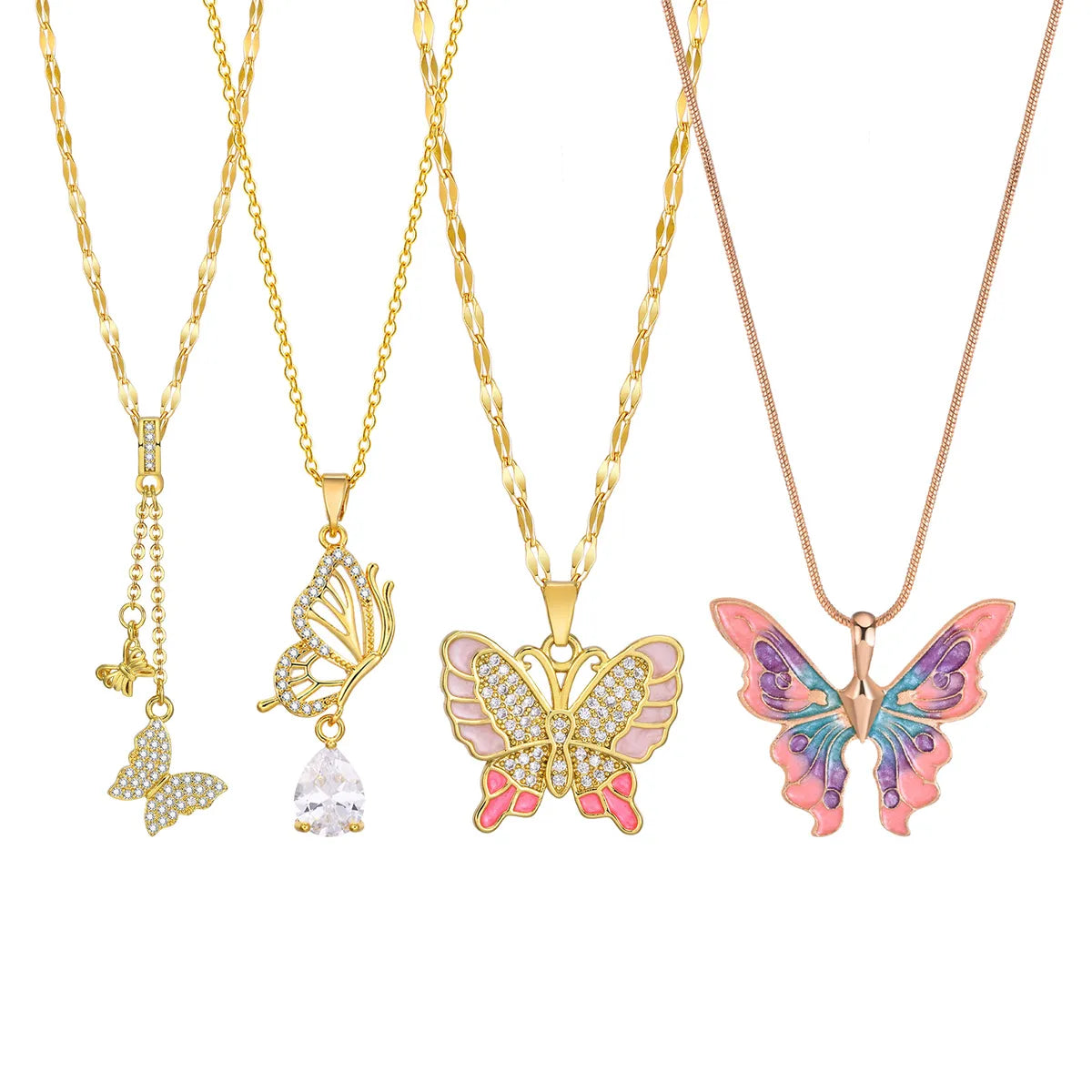 Necklaces Rate Guide-Stainless Steel Copper 18K Gold Plated Pastoral Shiny Butterfly Zircon Pendant Necklace