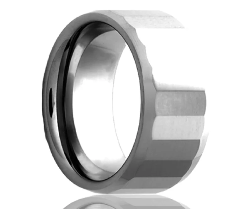 Rings For Woven Chains-Men's Beveled Edge Tungsten Ring With Facets