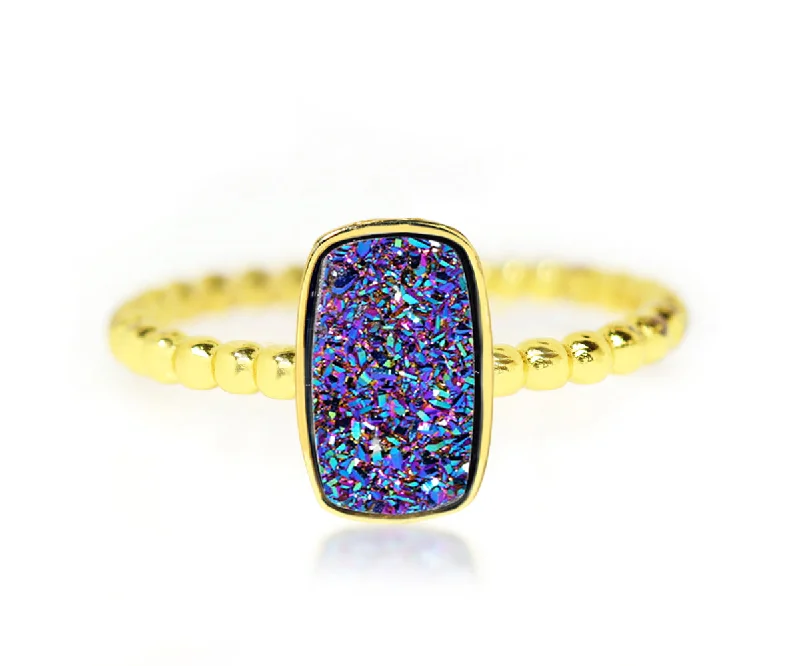 Choice Rings For Steady Poise-Vertical Rectangle Purple Rainbow Druzy Gold Ring