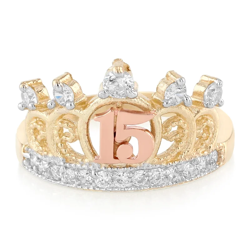 Rings For Sultry Days-14K Solid Gold QuinceaneraÂ CZ Princess Crown OR Tiara Ring