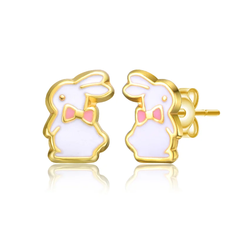 Earrings For Big Glow-14k Gold Plated White Enamel & Pink Bow Tie Bunny Rabbit Stud Earrings