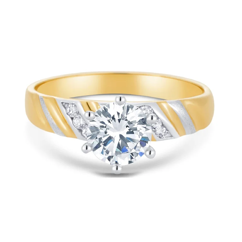 Rings Gleam Ratings-14K Two Tone Solid Gold 1 Ct. Round Cut CZ Engagement Ring and Wedding Band 2 Piece Bridal Set