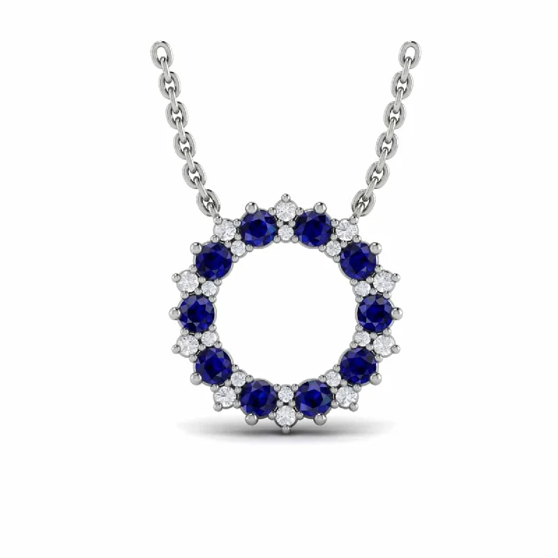 Necklaces For Club Looks-Diamond and Blue Sapphire Open Starburst Circle Pendant Necklace