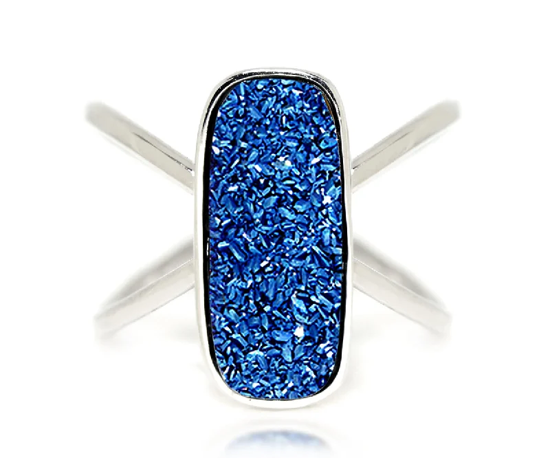 Rings For Icy Shine-Criss Cross Rectangle Blue Druzy Ring