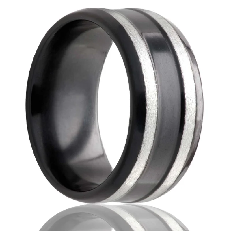 Rings For Rooftop Revels-Double Satin Silver Rows Black Zirconium Ring