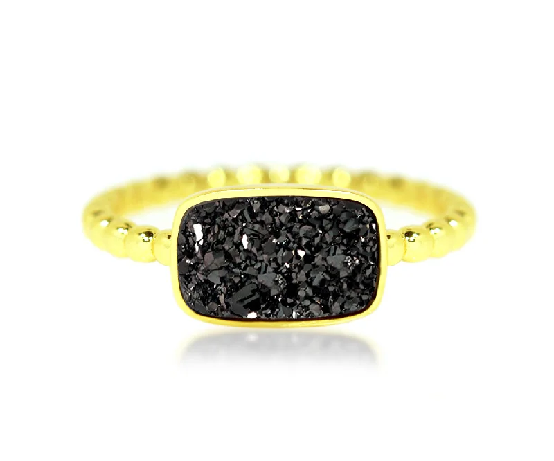 Rings Bargain Gems-Horizontal Rectangle Black Druzy 14k Gold Ring