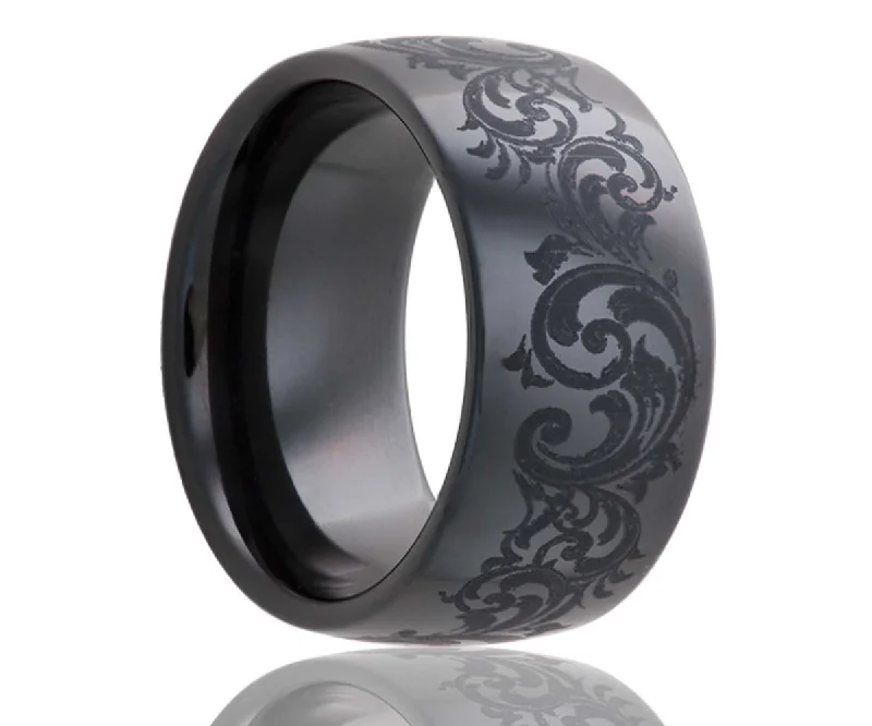 Rings For Muted Shine-Black Laser Engraved Swirl Ceramic Ring