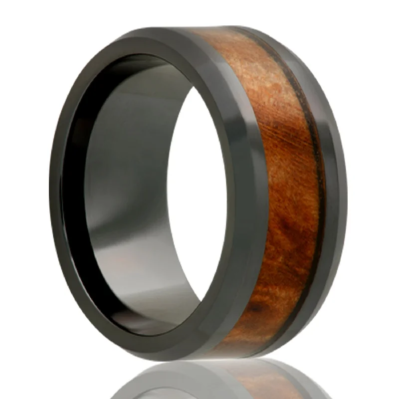 Rings For Gentle Gleam-Black Diamond Ceramic Ring with Burl Wood Inlay