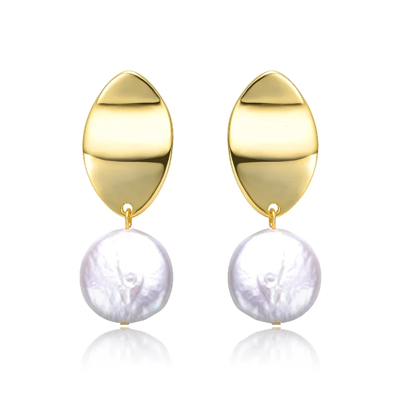 Earrings For Low Shine-Sterling Silver 14k Yellow Gold Plated with White Coin Pearl Dangle Drop Marquise Medallion Earrings