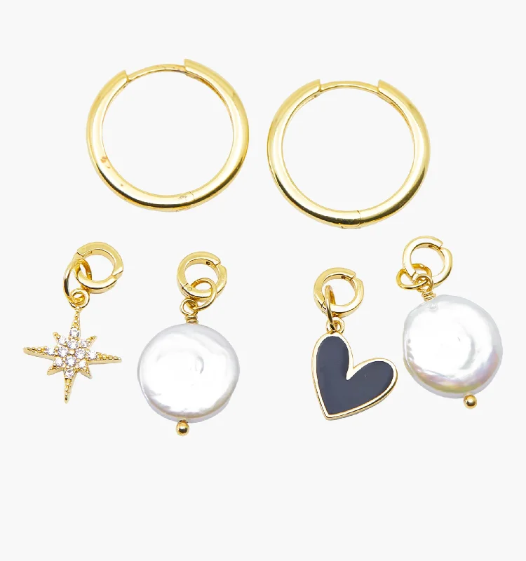 Best Cool Earrings-Midi Hoops & Charms Set - Black