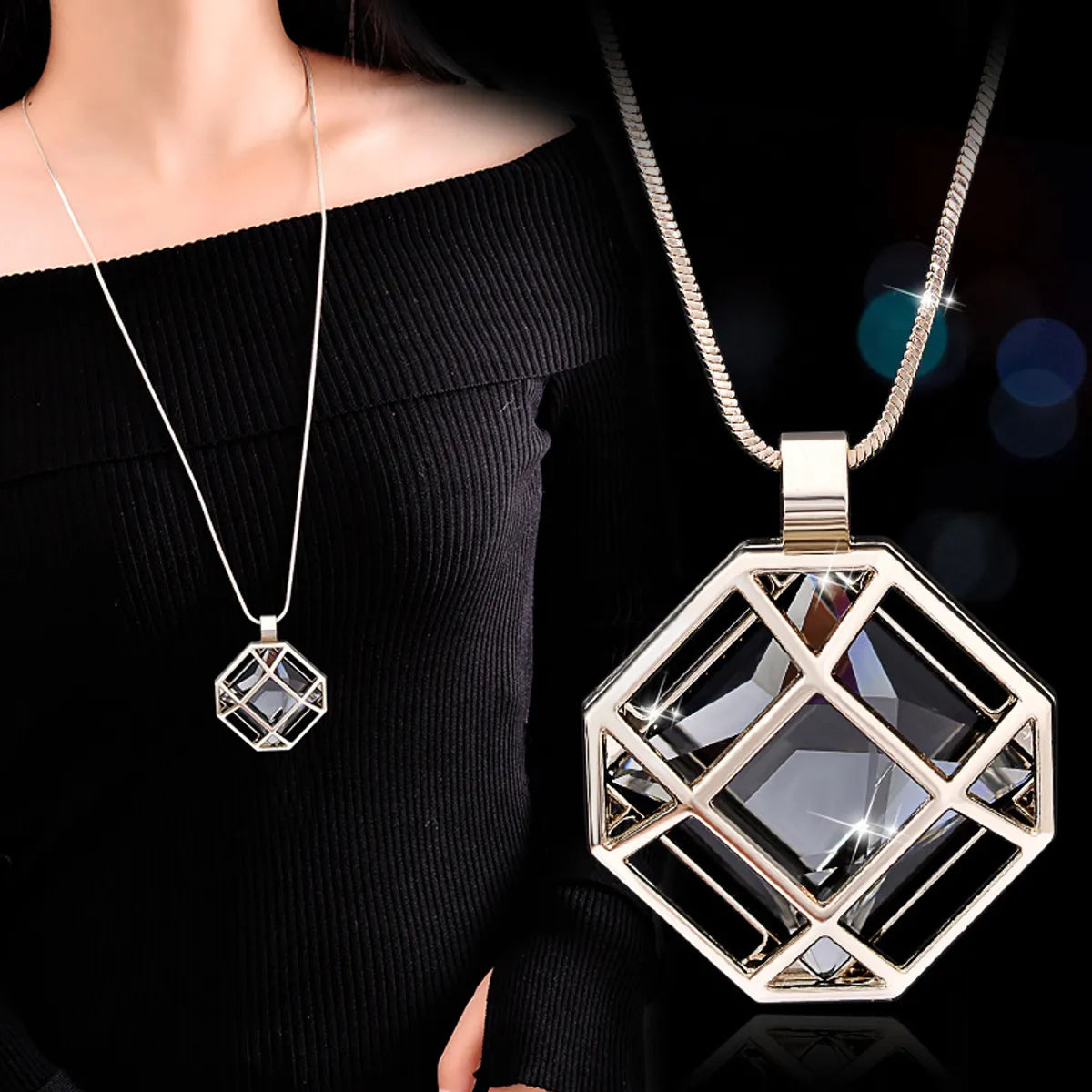 Necklaces For Pale Skin-Elegant Rhombus Alloy Copper Inlay Rhinestones Women's Sweater Chain Long Necklace