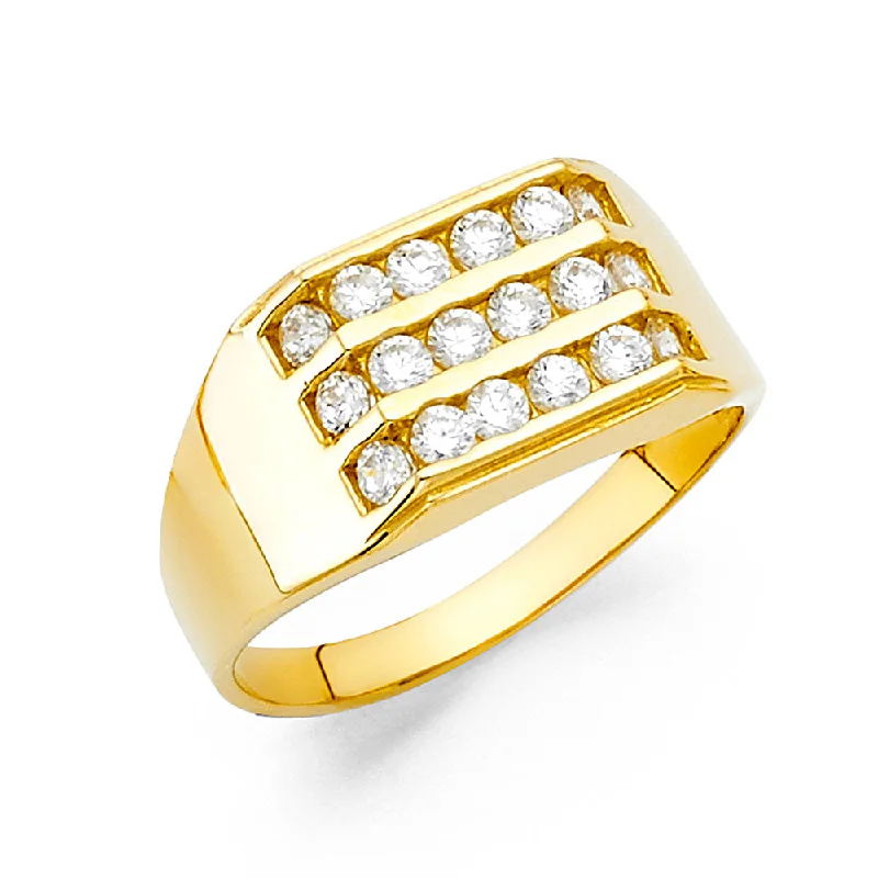 Rings For Youthful Rebels-14K Solid Gold 10MM 3 CZ Row Men's Ring