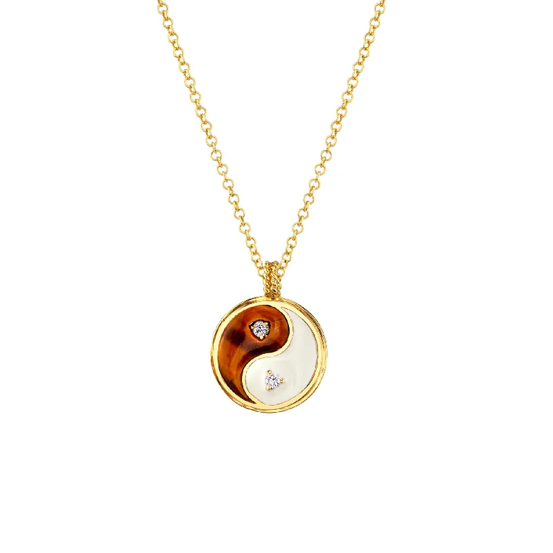 Necklaces With Wide Links-Hand Carved Yin Yang  Necklace - White Diamond / 14k Yellow Gold