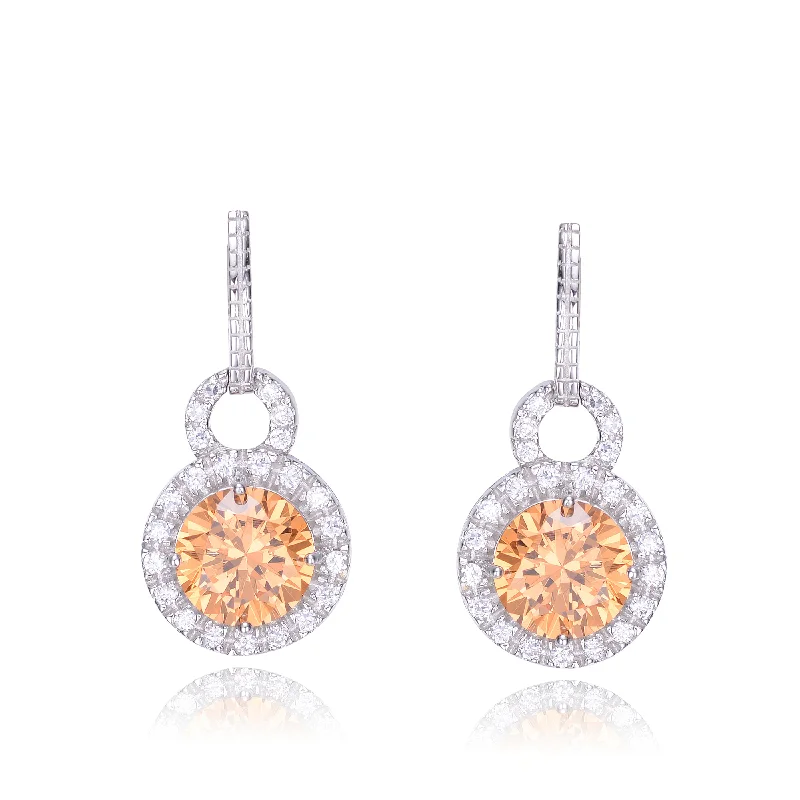 Earrings For Active Lives-Cubic Zirconia Sterling Silver Rhodium Plated Round Champagne Drop Earrings