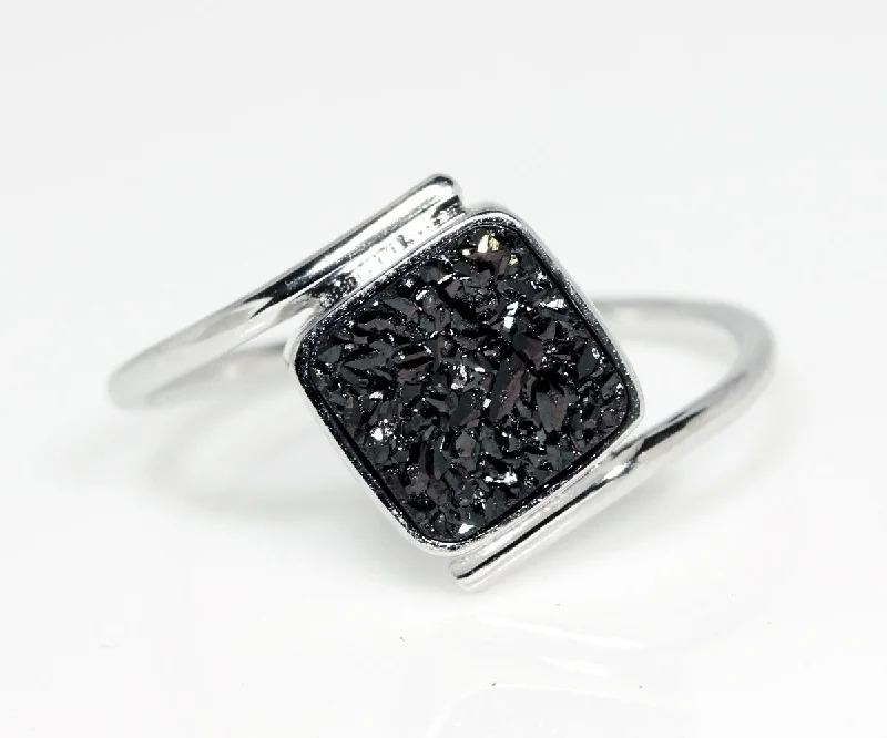 Rings For Fine Links-Bypass Square Black Druzy Ring