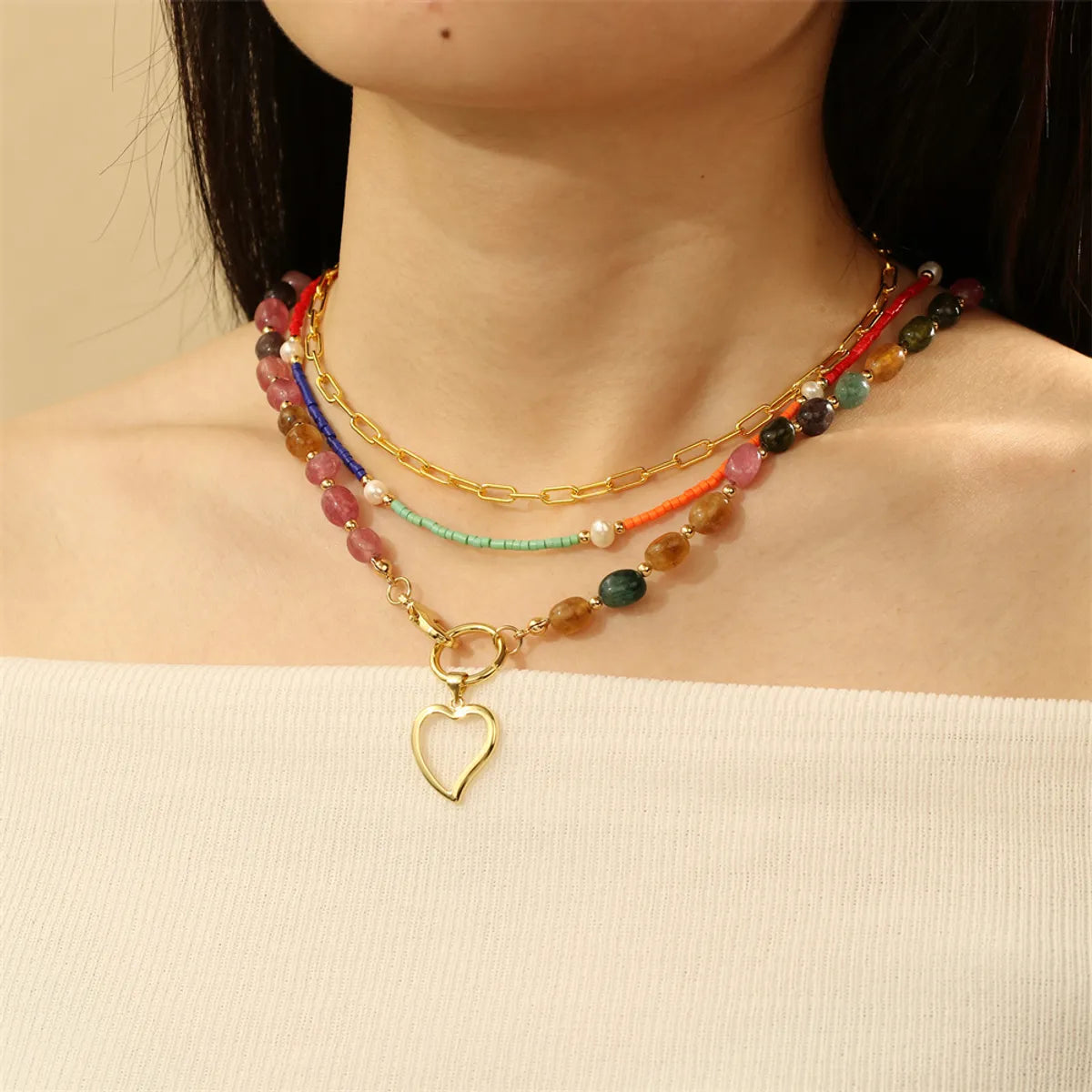 Necklaces Pick Advice-Stone Copper 18K Gold Plated IG Style Vacation Streetwear Heart Shape Beaded Layered Necklaces Necklace