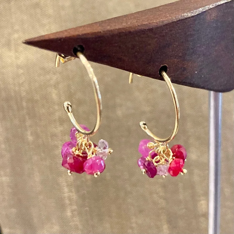 Earrings For Lean Looks-Ruby Cluster 18K Gold Hoop Earrings