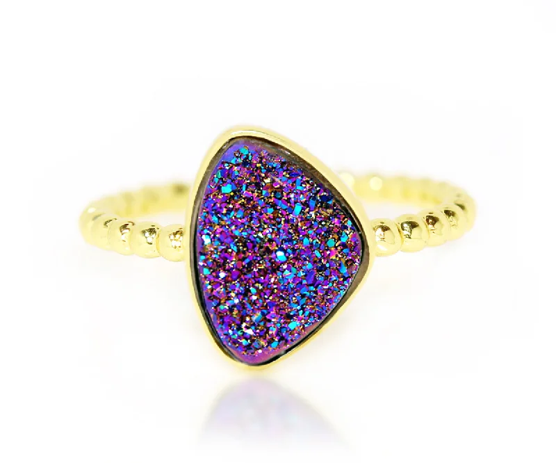 Rare Rings For Legacy Pieces-Trillion Purple Rainbow Druzy 14k Gold Vermeil Ring