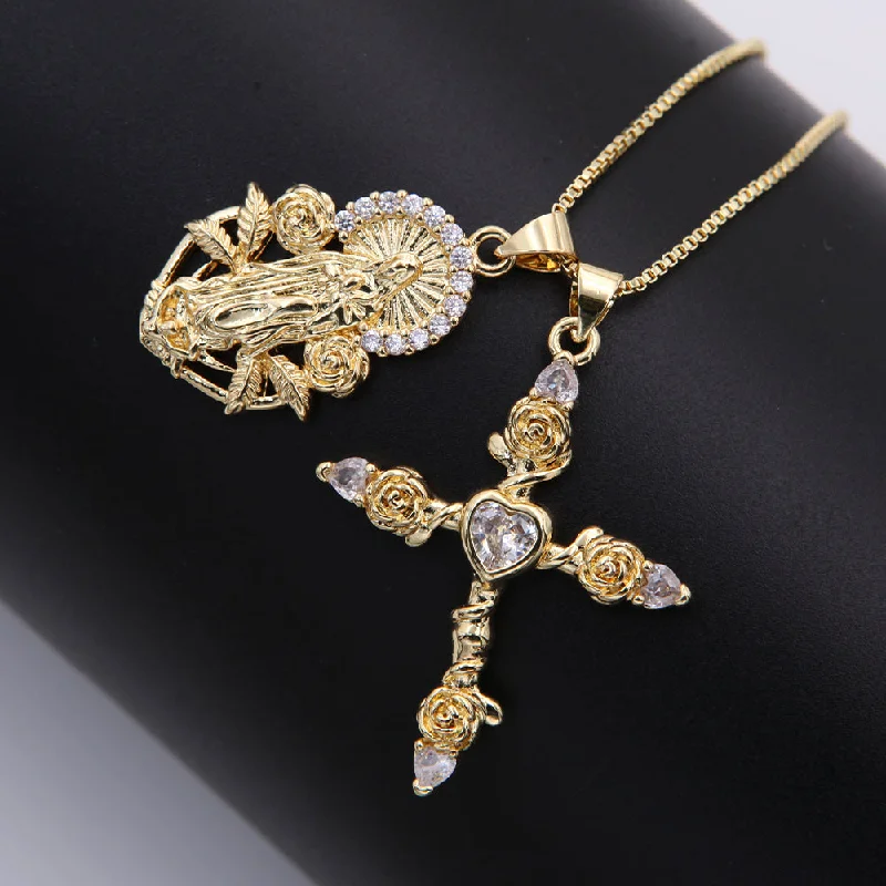 Necklaces Glint Reviews-Copper 18K Gold Plated IG Style Shiny Cross Virgin Mary Rose Inlay Zircon Pendant Necklace