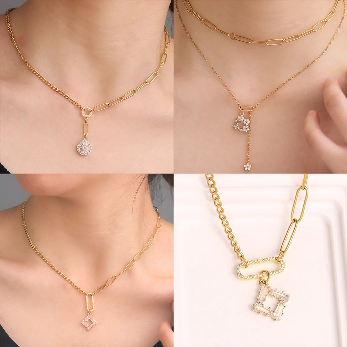 Best New Necklaces-304 Stainless Steel Copper 18K Gold Plated Elegant Romantic Simple Style Plating Inlay Round Square Flower Zircon Double Layer Necklaces Pendant Necklace