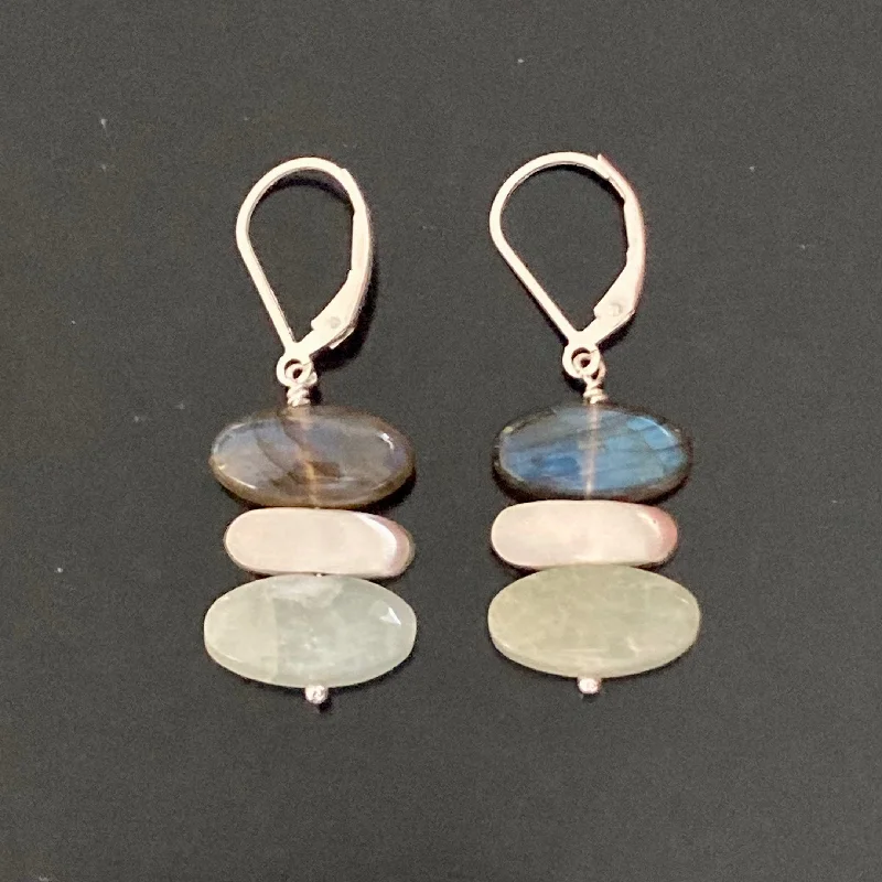 Earrings With Drape Ends-Stacked Aquamarine, Labradorite and Brushed Sterling Silver Stone Earrings