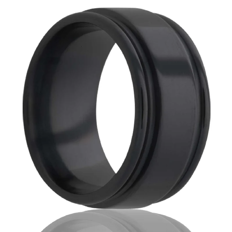 Rings With Burnished Gold-Double Grooved Edge Black Zirconium Ring