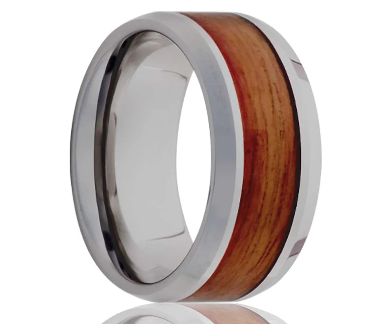 Best Retro Rings-Men's Beveled Edge With Blood Wood Inlay Tungsten Ring