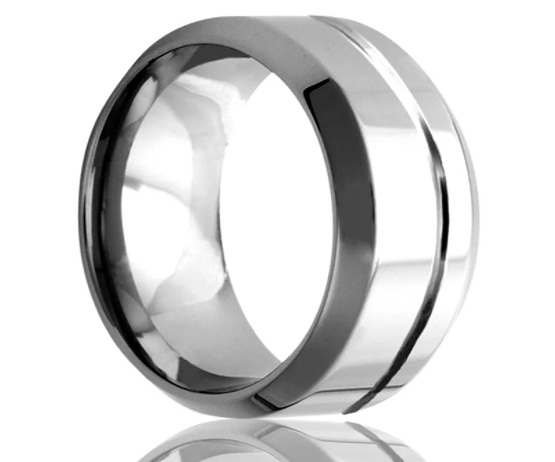 Rings For Pin Accents-Men's Beveled Edge Tungsten Ring With An Offset Decorative Groove