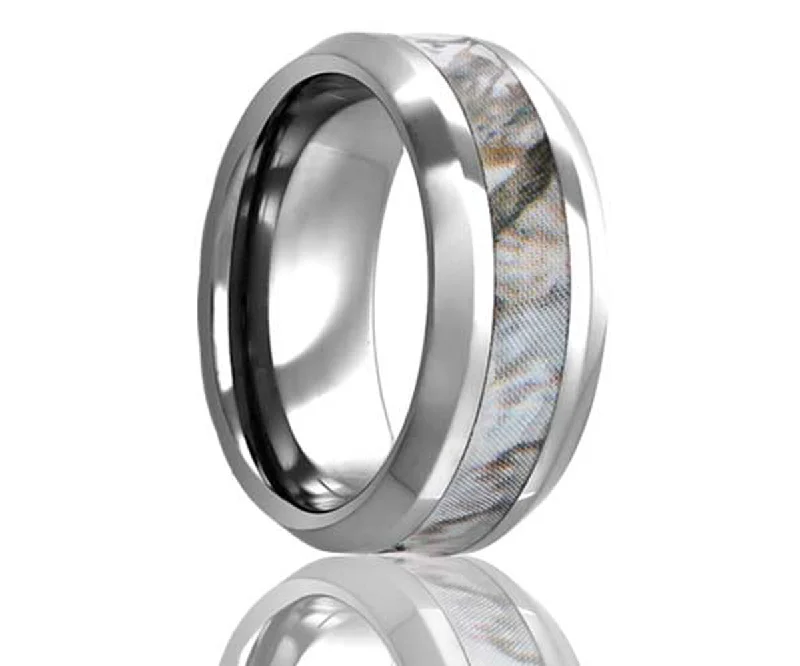 Rings Spark Reviews-Beveled Edge Snow Shadow Camo Tungsten Ring