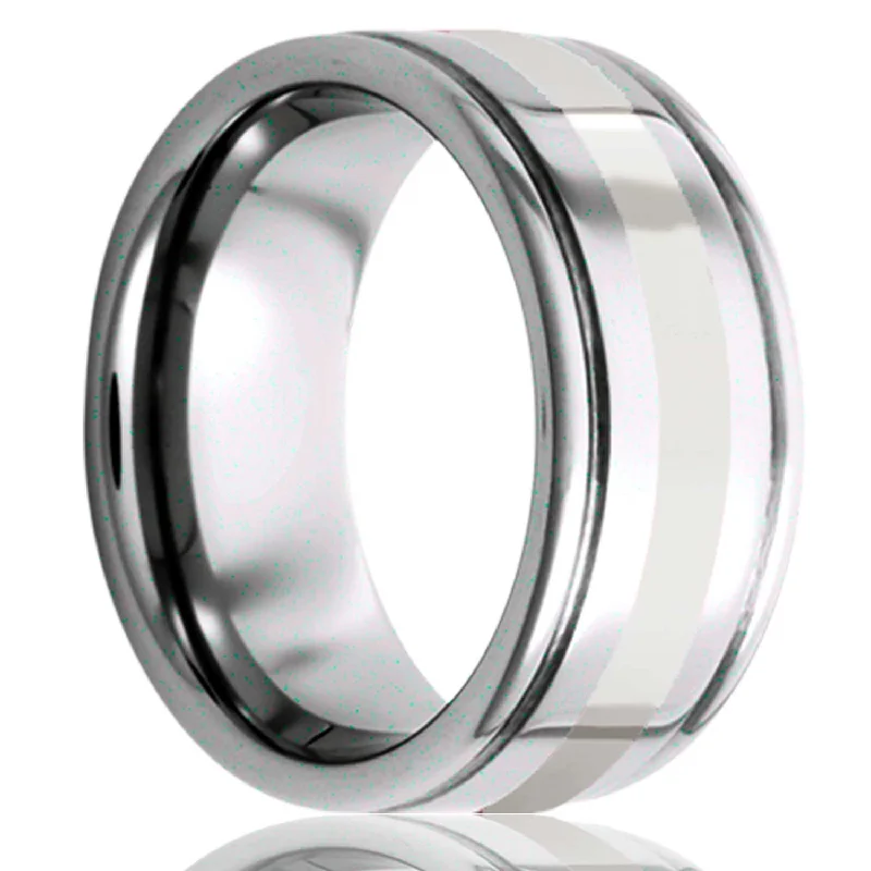 Rings Value Scores-Men's Deep Grooved Tungsten Ring With Patinum Inlay