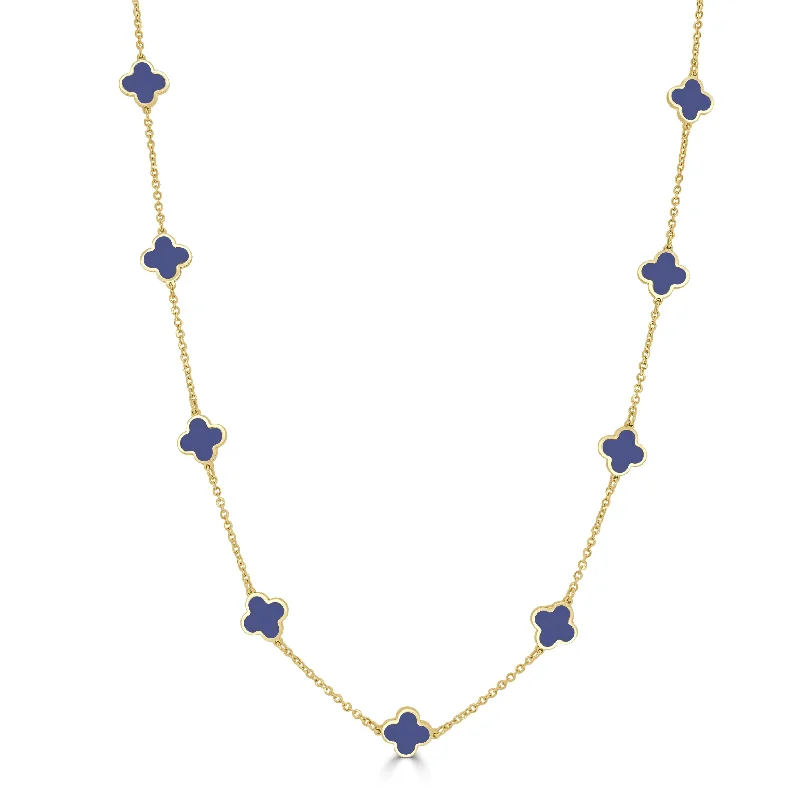 Necklaces With Whisper Strands-14K Gold & Lapis Inlay Clover Station Necklace