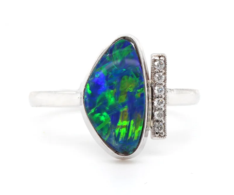 Rings For Bright Glow-Black Opal Diamond Bar White Gold RIng