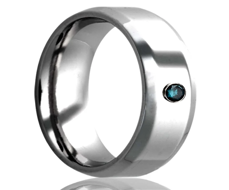 Rings Tarnish Styles-Men's Beveled Edge Tungsten Ring With Sapphire