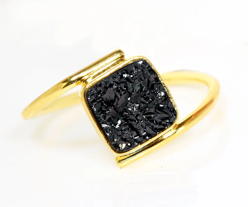 Hot Rings For Heat-Bypass Square Black Druzy Gold Ring