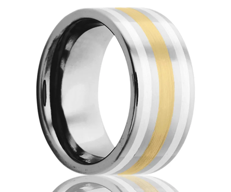 Rings For Veteran Hands-Flat Tungsten Yellow Gold And  Argentium Silver Inlays Ring