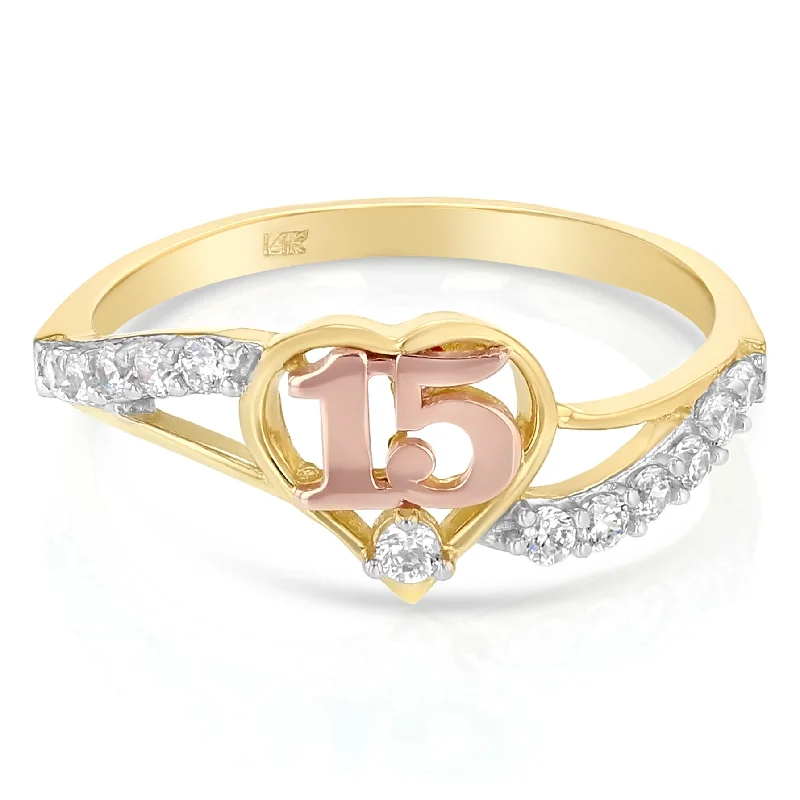 Rings For Pixie Play-14K Solid Gold 15 Years Birthday CZ Heart Quinceanera Ring